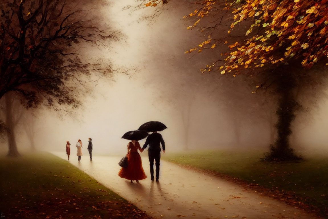 Autumn scene: Couple with umbrella on misty path among falling leaves.