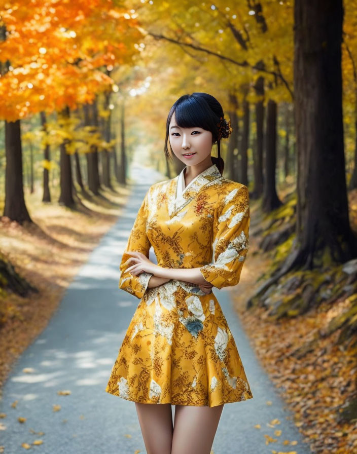 Woman in Yellow Floral Dress on Autumn Tree-Lined Path