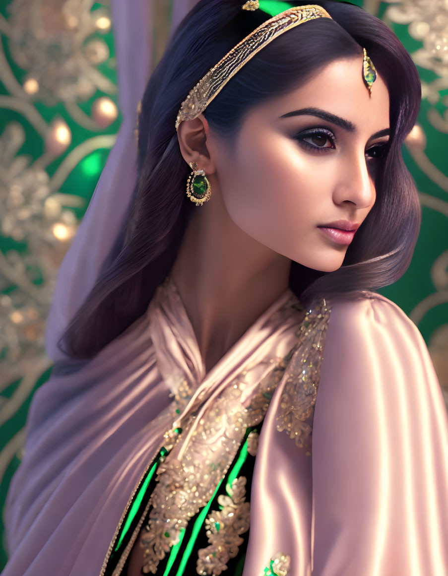 Traditional South Asian Attire and Jewelry on Elegant Woman