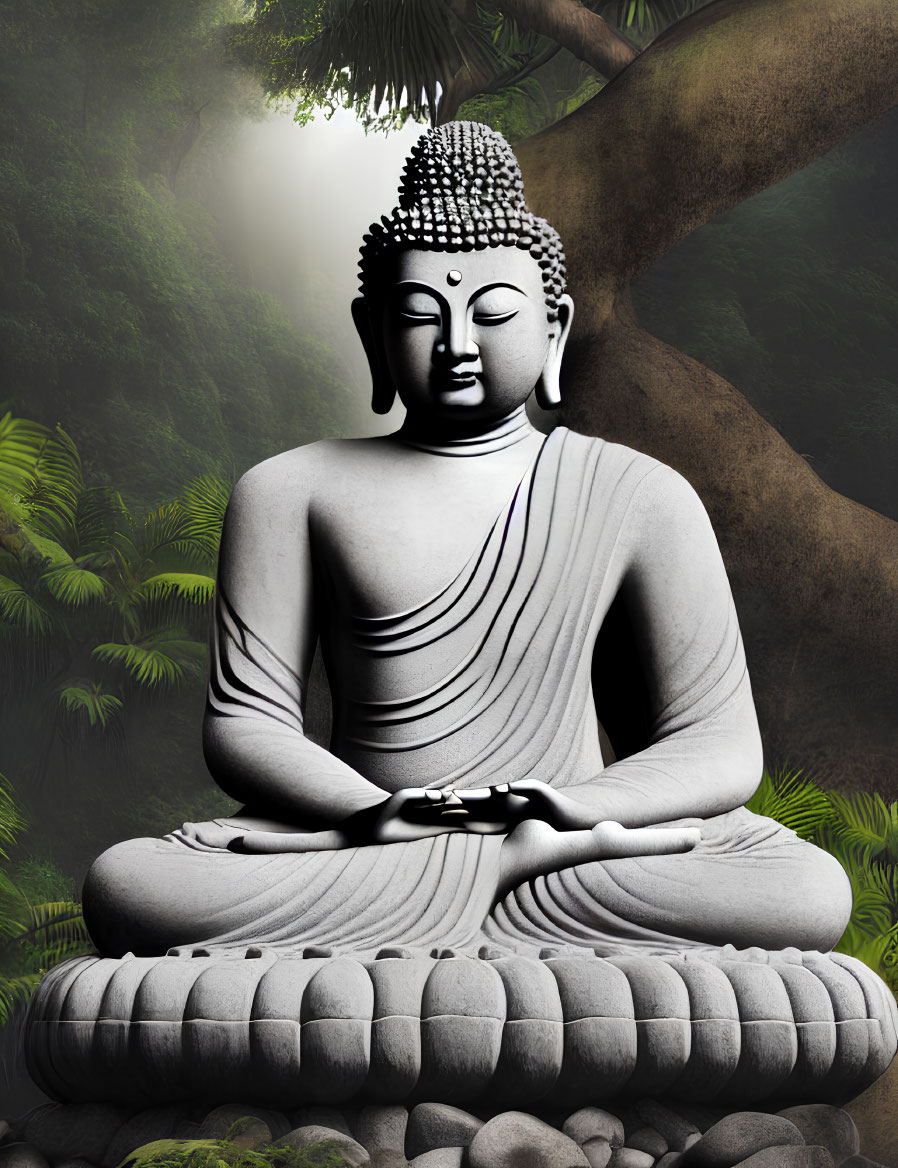 Buddha statue meditating in forest with green foliage