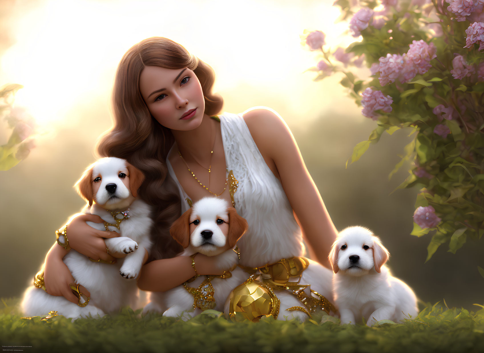 Woman in White Dress with Gold Jewelry, Puppies, and Pink Flowers