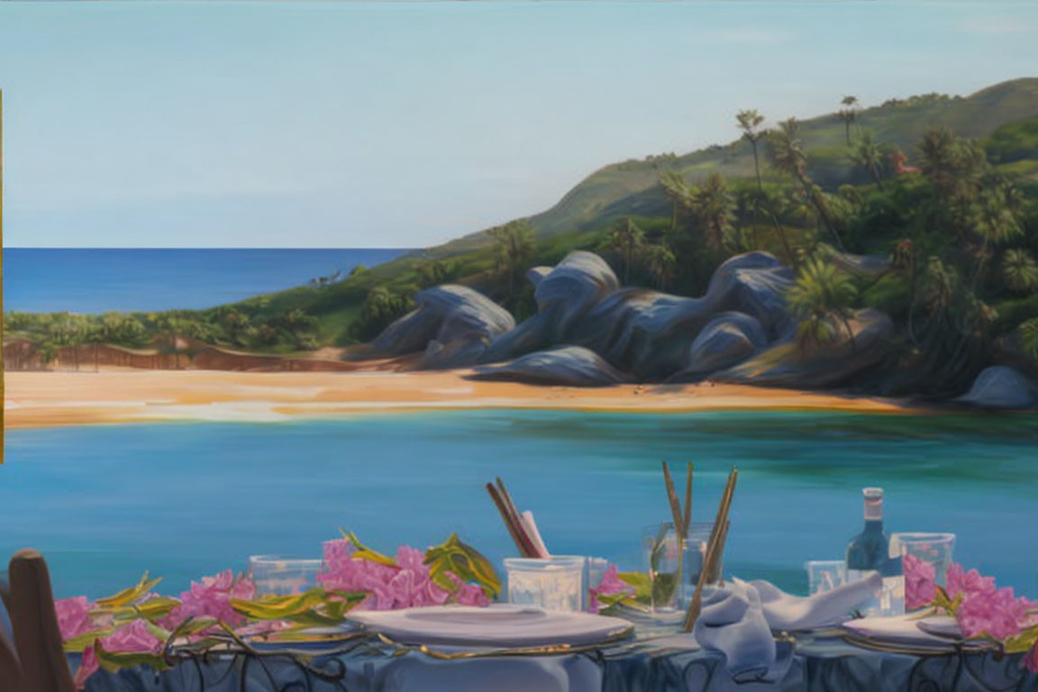 Serene beach dining table with ocean view