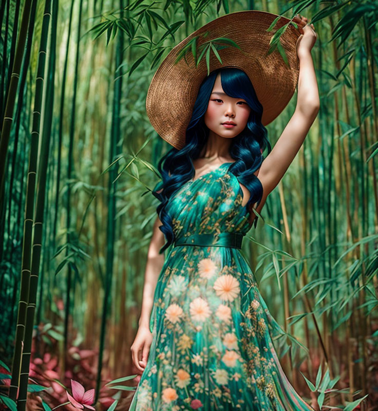 Woman with Blue Hair in Floral Dress and Straw Hat Among Bamboo