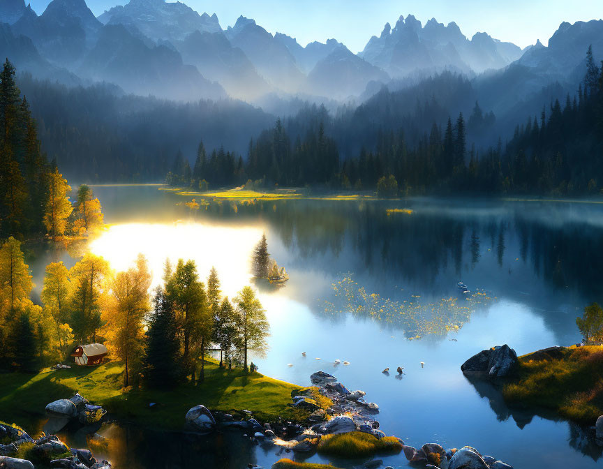 Tranquil lake with island, autumn trees, misty mountains at sunrise