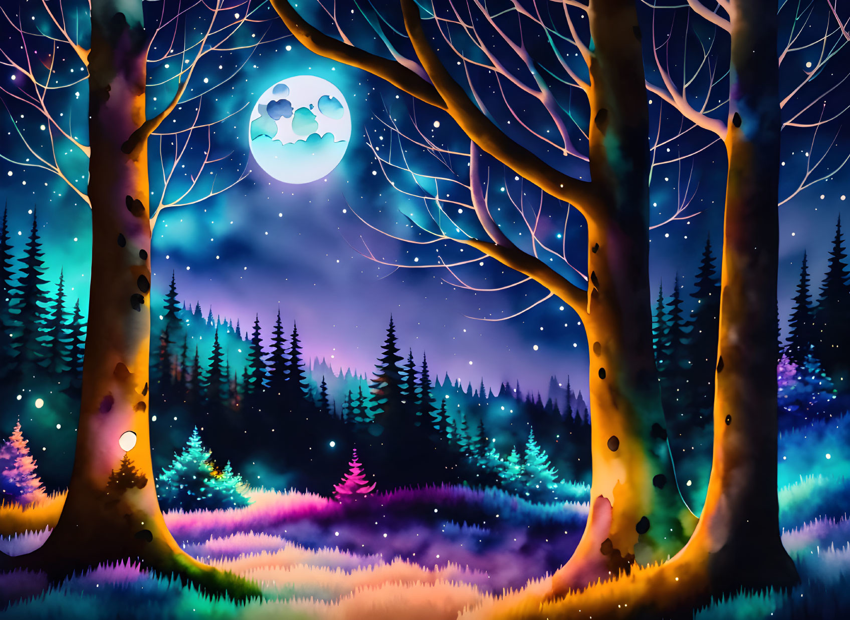 Full Moon Night Scene with Silhouetted Trees and Mystical Forest