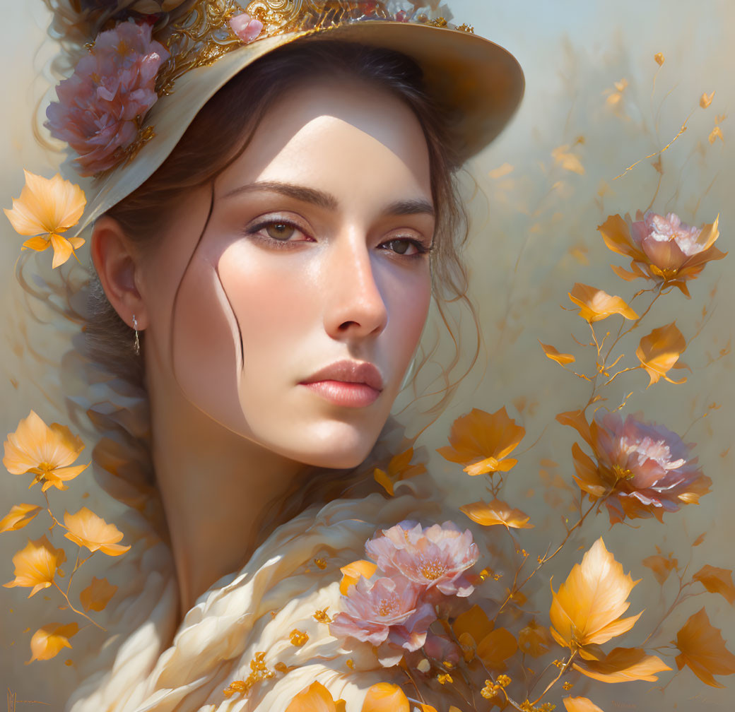 Serene woman portrait with floral hat and golden light blossoms