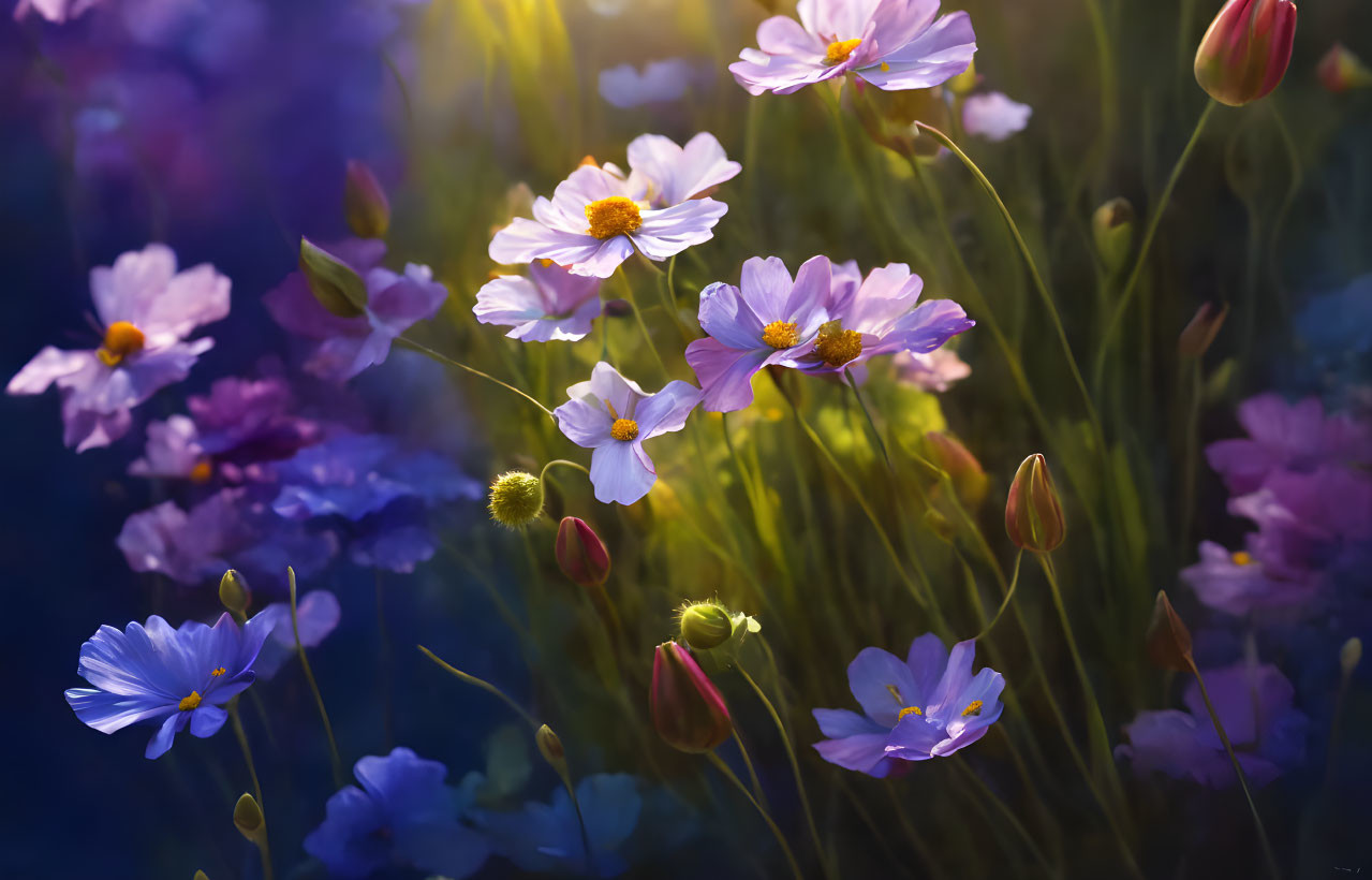 Colorful Purple and White Flowers on Dark Bokeh Background with Sunlight Filtering Through Petals