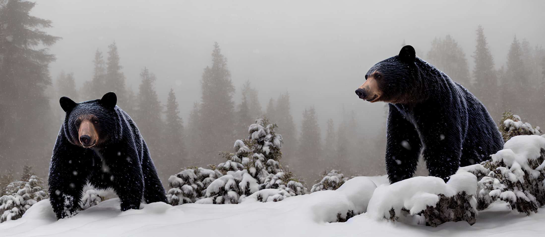 Snowy forest scene with two bears and falling snowflakes