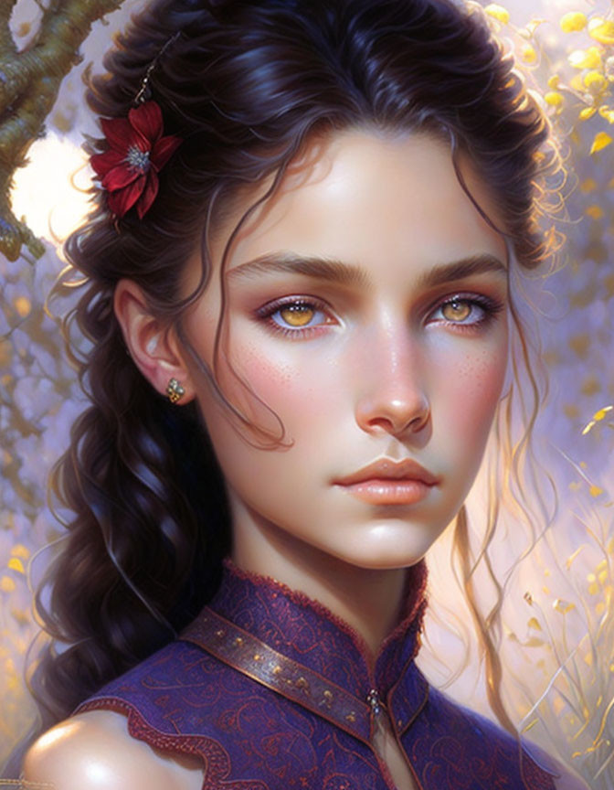 Digital artwork: Woman with braided hair, freckles, red flower, golden-lit background