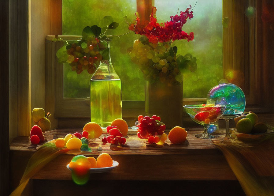 Sunlit Still Life Scene: Grapes, Flowers, Fruits, Glass Globe