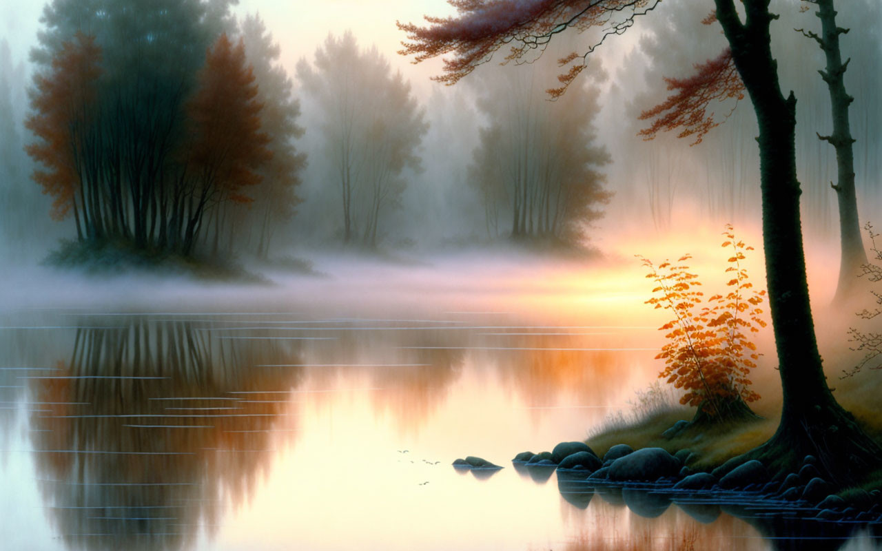 Misty Autumn Dawn: Tranquil Lake & Reflective Trees