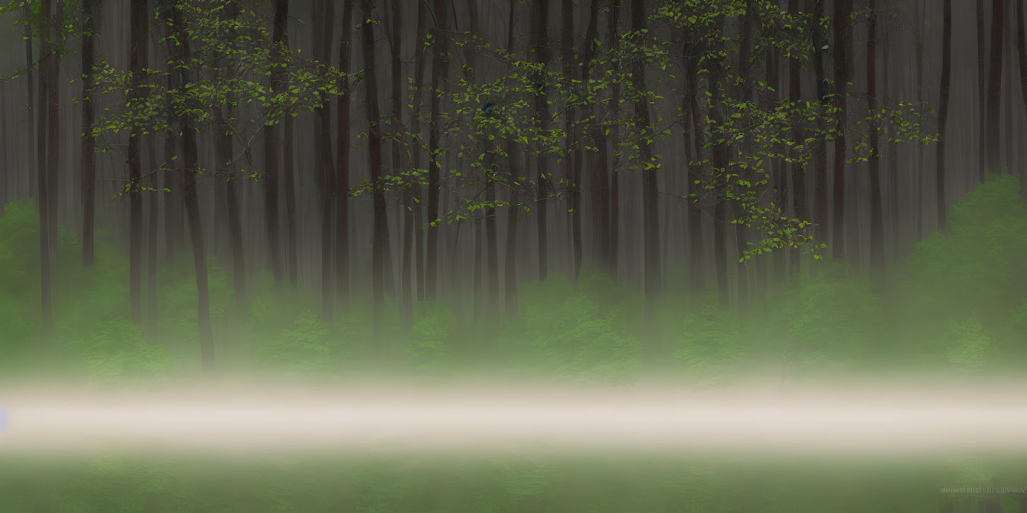 Lush forest scene with tall trees and white fog