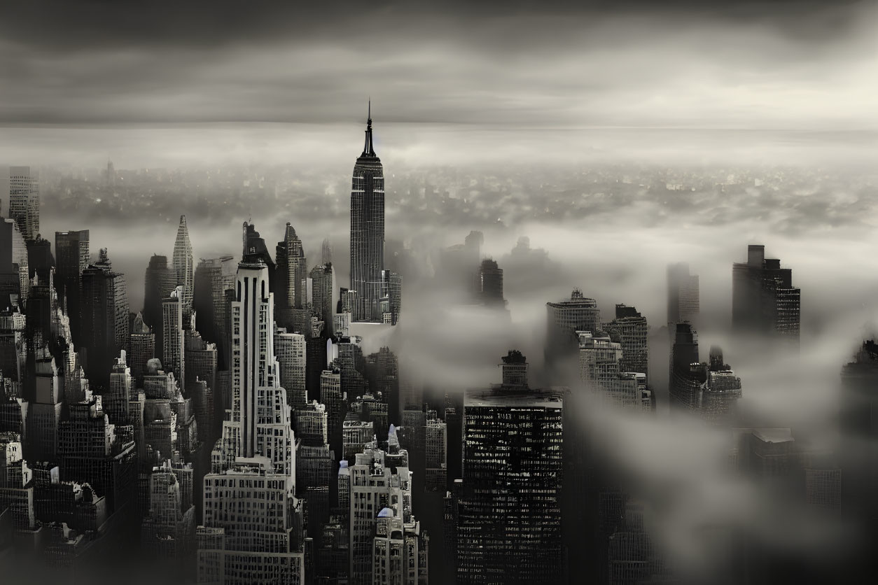 Monochrome cityscape with misty skyscrapers