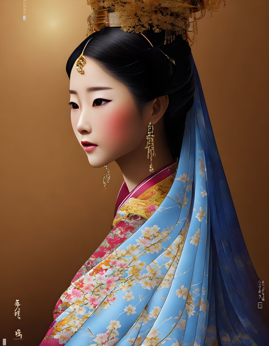 Traditional Asian Attire Digital Artwork of Woman in Floral Dress