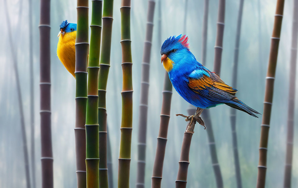 Colorful Birds Perched on Bamboo Stalks in Misty Forest