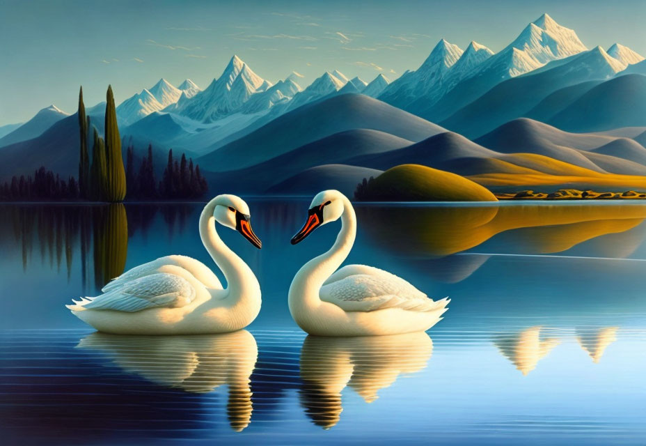 Swans on calm lake with snowy mountains and colorful landscape