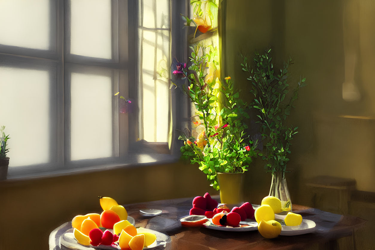 Sunlit Room with Wooden Table and Fresh Fruits