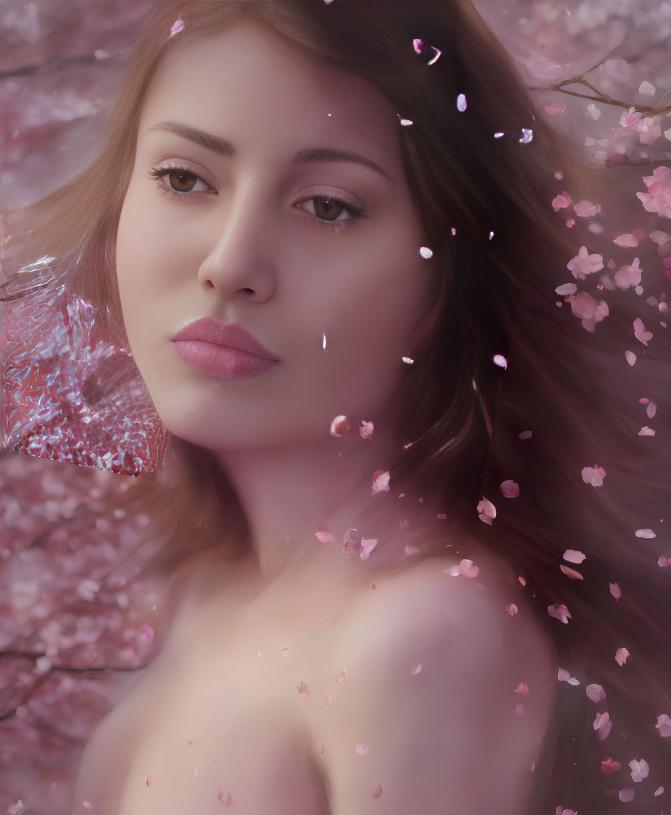 Serene woman with cherry blossoms in springtime