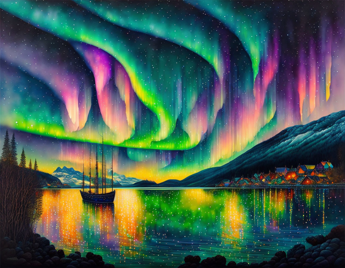 Colorful painting: ship on lake under aurora borealis, stars, and village reflection.