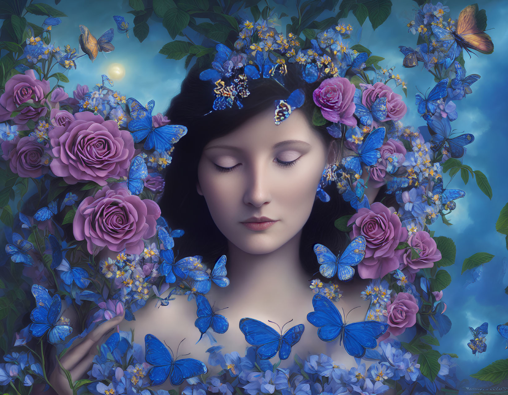 Serene woman with purple roses, blue butterflies, and moonlit sky