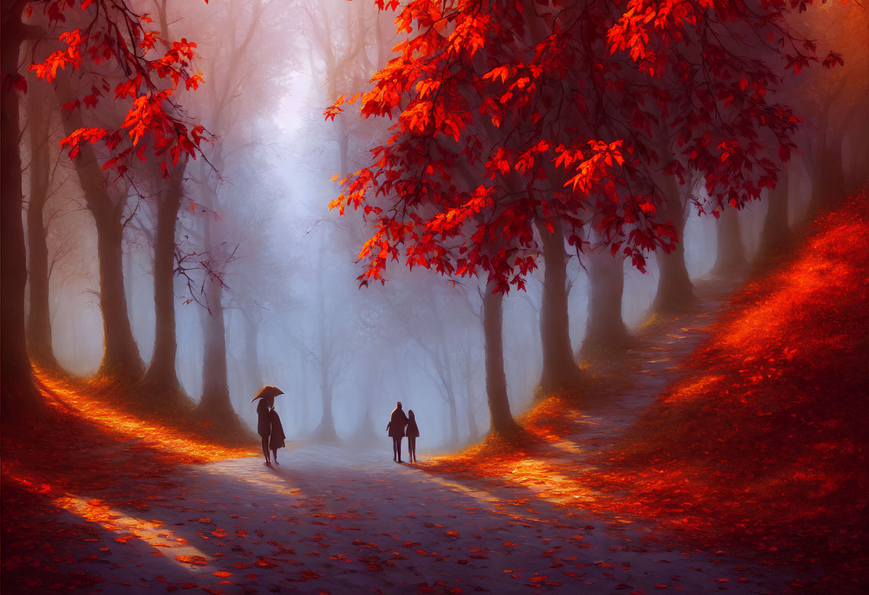 Tranquil forest path with red trees, two people, and a dog walking