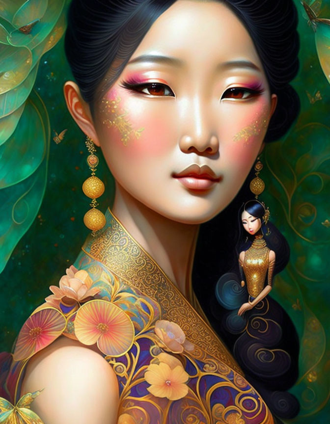 Asian woman in gold traditional attire with intricate makeup and small figure.