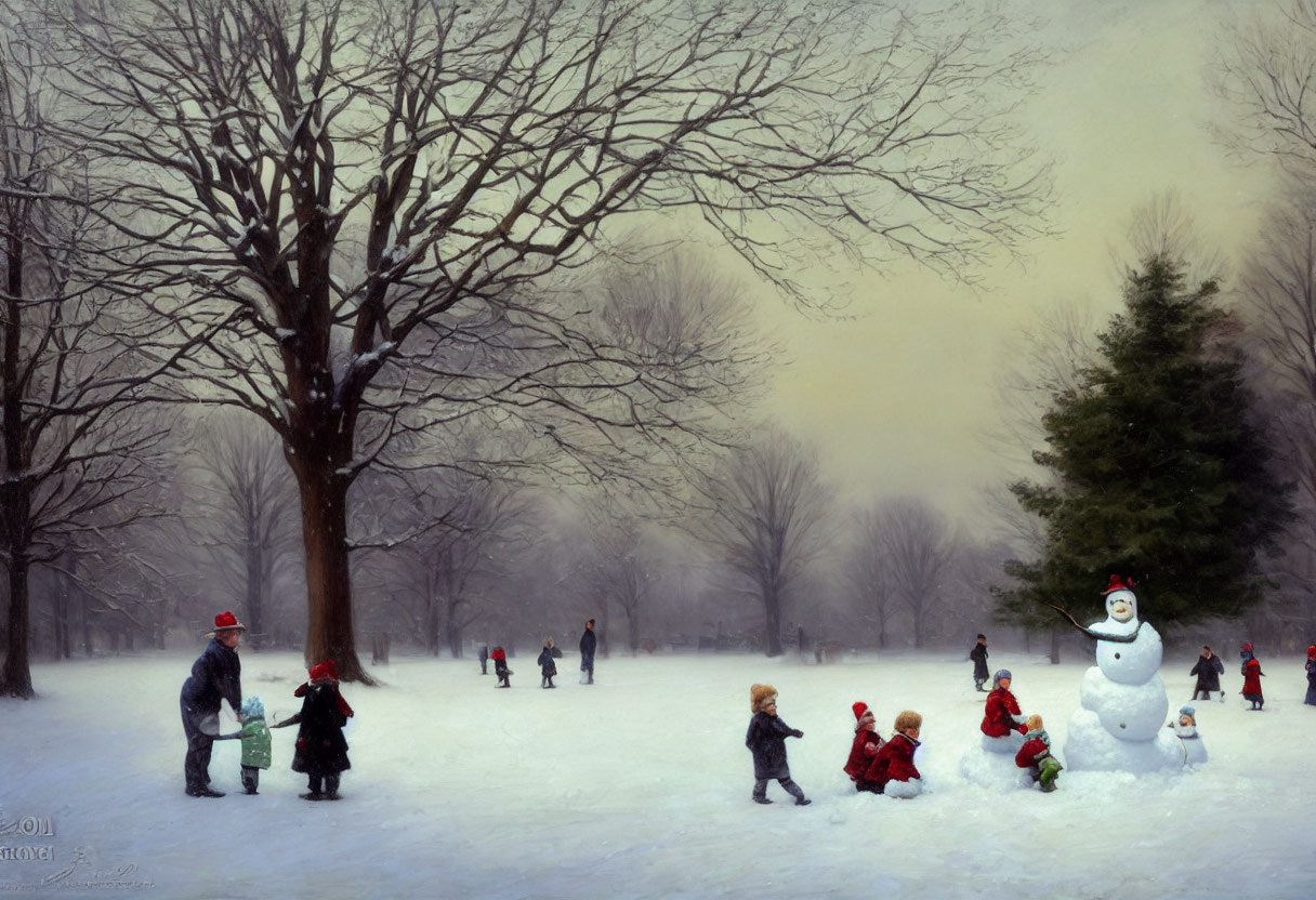 Winter scene with people, kids playing, snowman, and bare trees in foggy background.