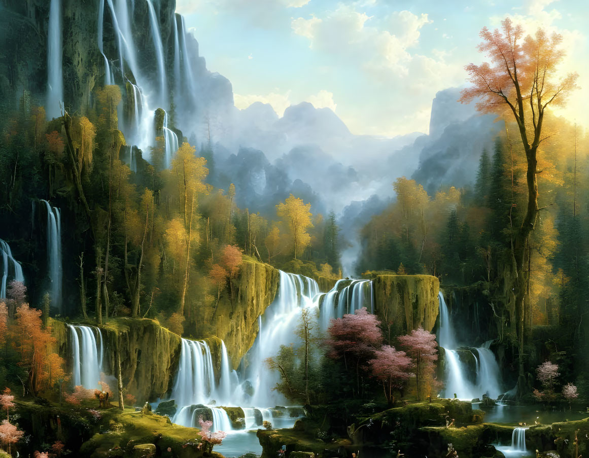 Scenic landscape with cascading waterfalls and lush forests