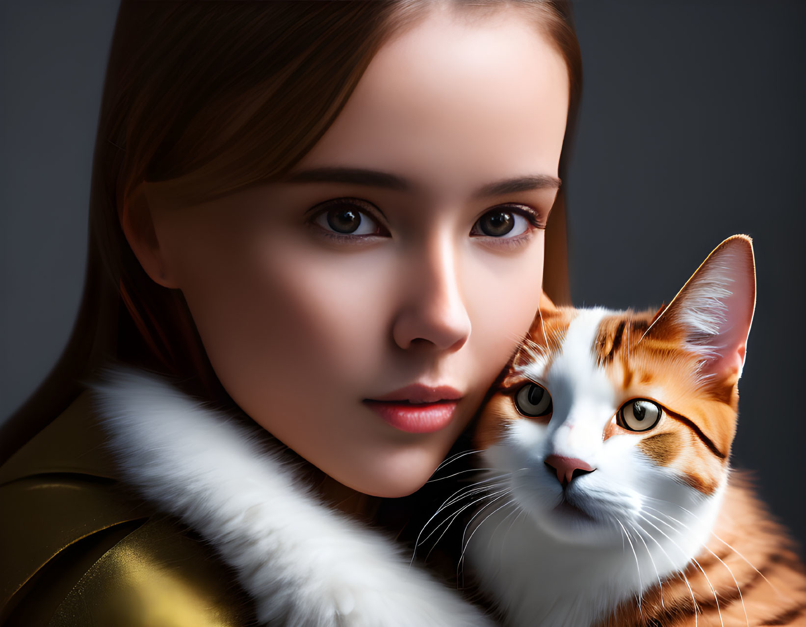 Young woman with striking eyes posing with orange and white cat in close-up portrait.