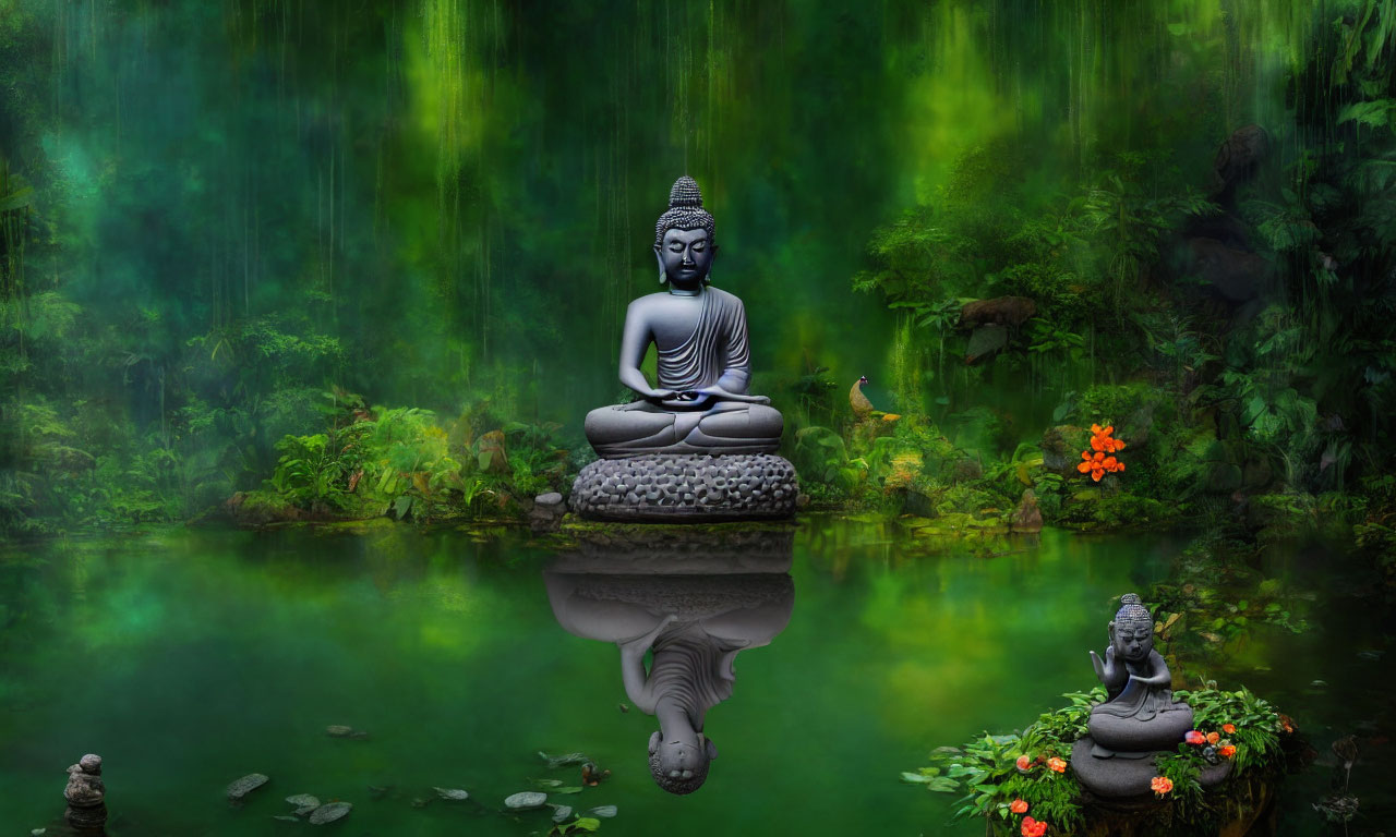 Tranquil Buddha Statue Meditating in Forest Scene