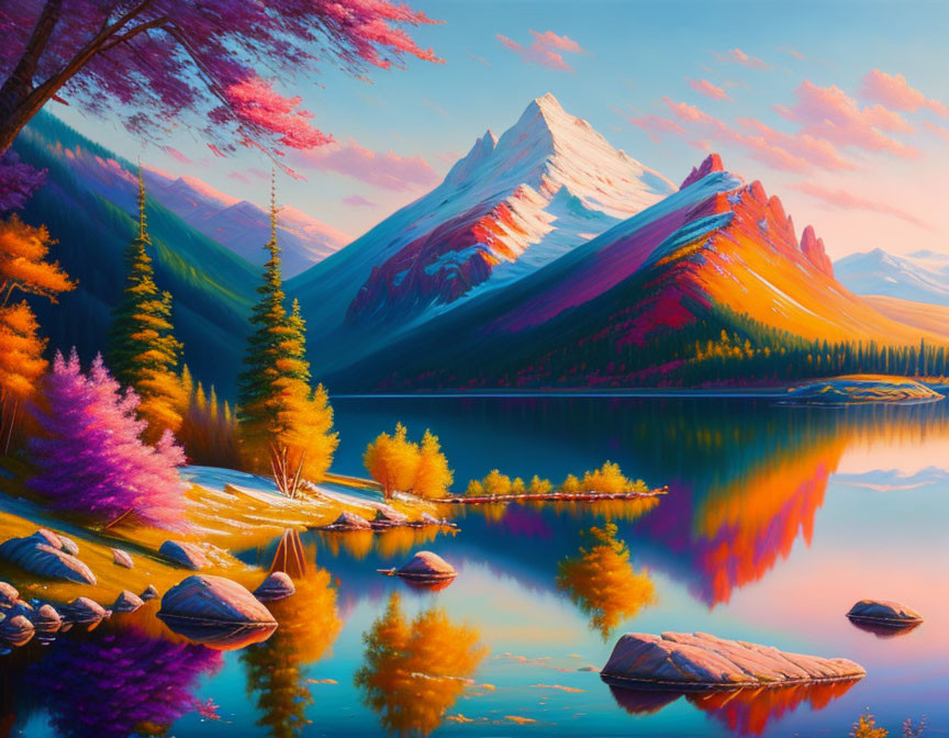 Surreal landscape with colorful trees, lake, and mountain peak