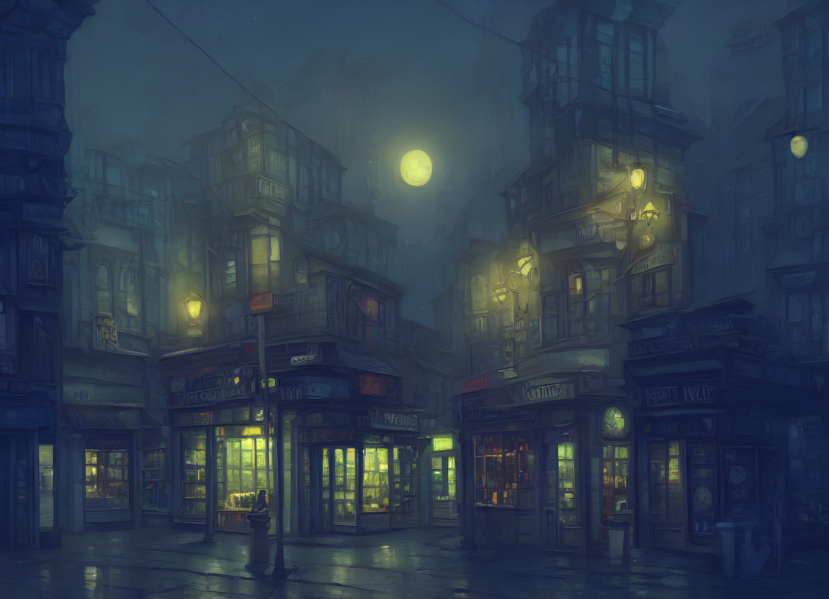 Moonlit Urban Crossroad with Misty Atmosphere and Illuminated Windows