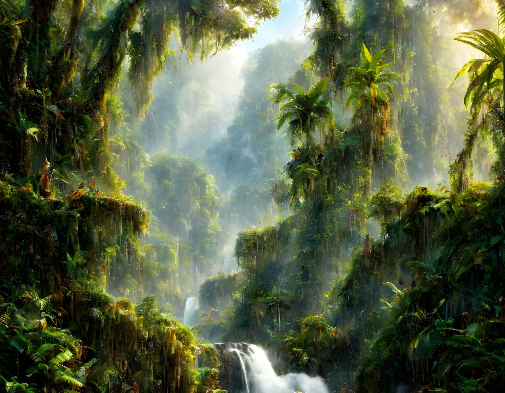 Primeval forest with mist, dense foliage, vines, and waterfall in sunlight