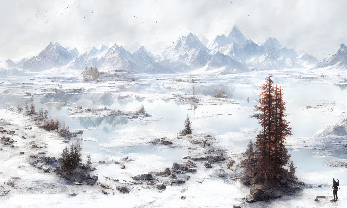 Snowy landscape with frozen lake, rocky terrain, trees, mountains, and lone figure.