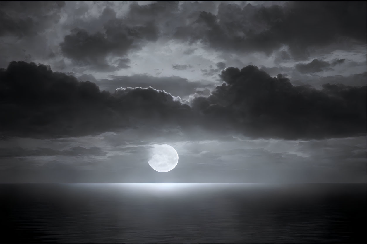 Full Moon Reflects on Tranquil Sea Amid Ominous Clouds