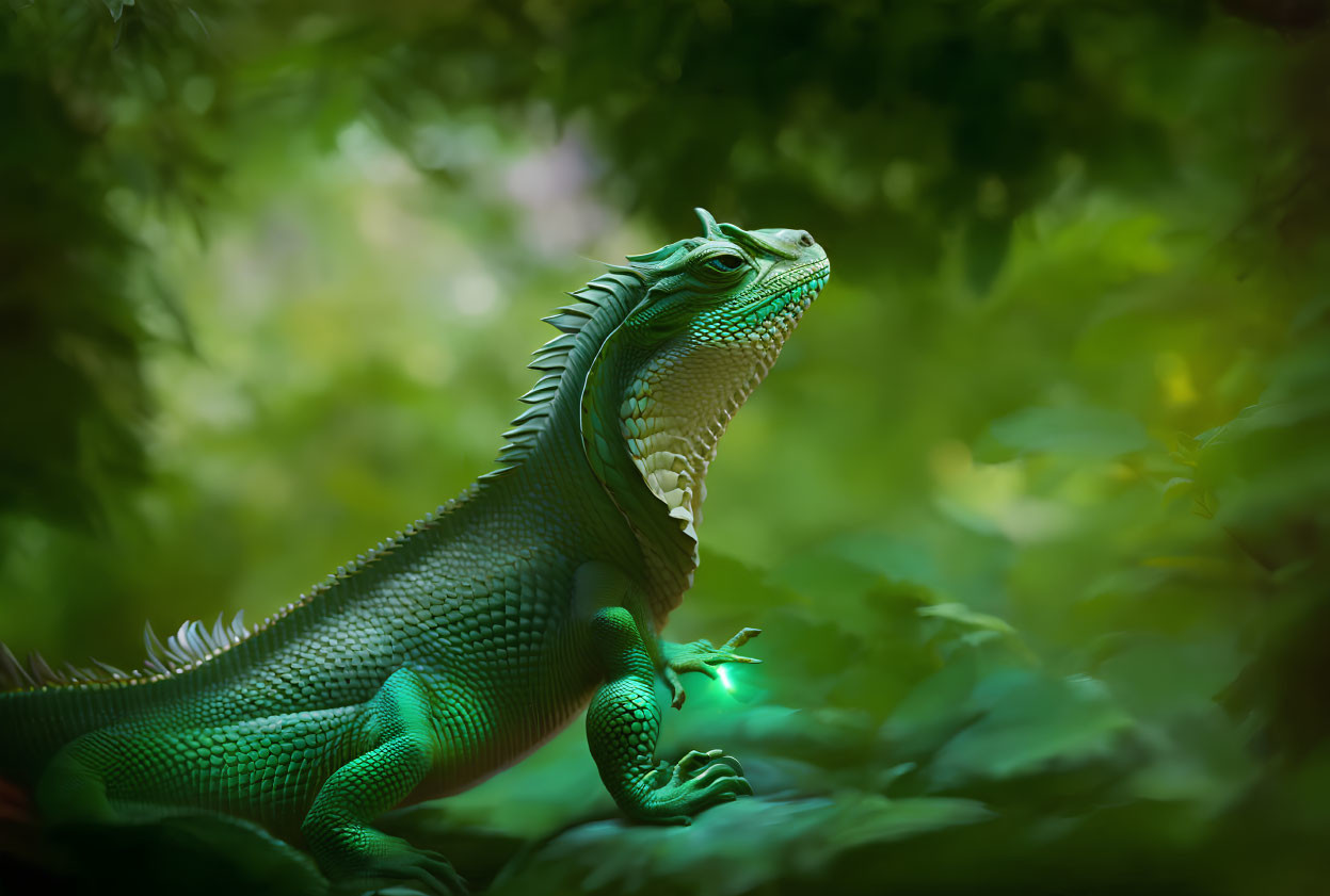 Green iguana perched among lush foliage with spiny crest highlighted in soft natural light