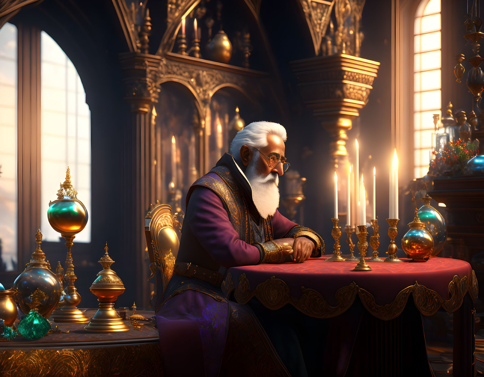 Elderly man in regal attire sits at table in luxurious room