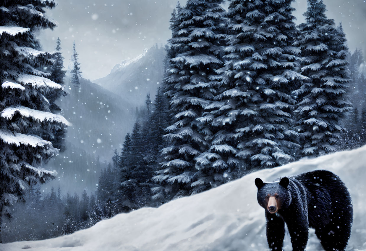 Snowy scene with bear, pine trees, and mountains under overcast sky