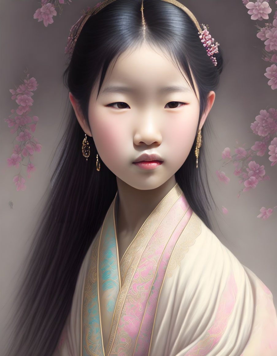 Young girl portrait with long black hair, hairpins, traditional attire, pink blossoms.