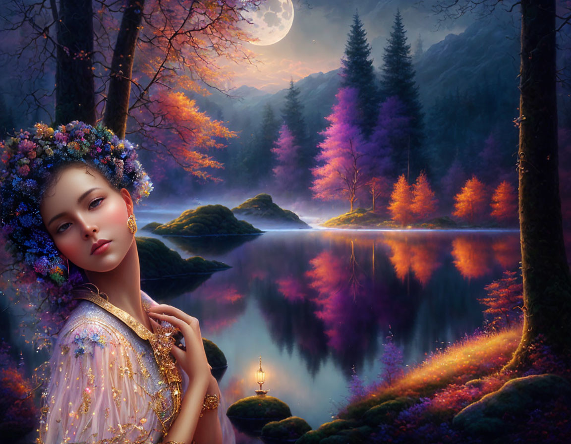 Woman with floral wreath in moonlit landscape by serene lake