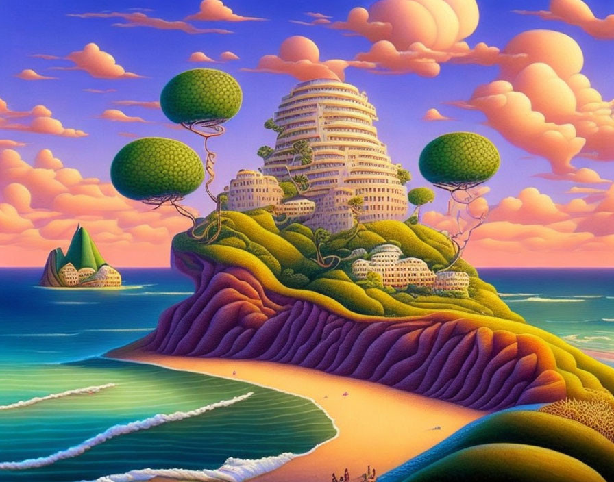 Surreal landscape of conical city on lush island under pastel sky