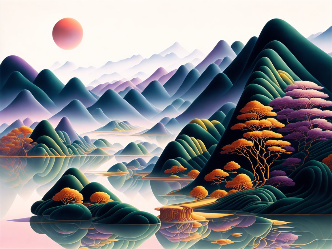 Stylized landscape with layered mountains, reflective lake, flora, and large sun