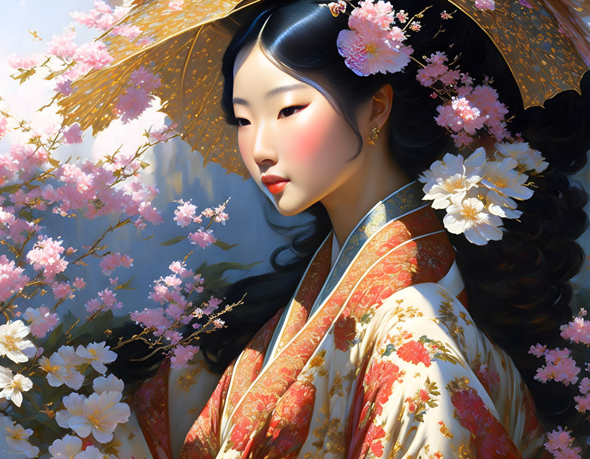 Illustration of East Asian woman with umbrella among cherry blossoms in kimono