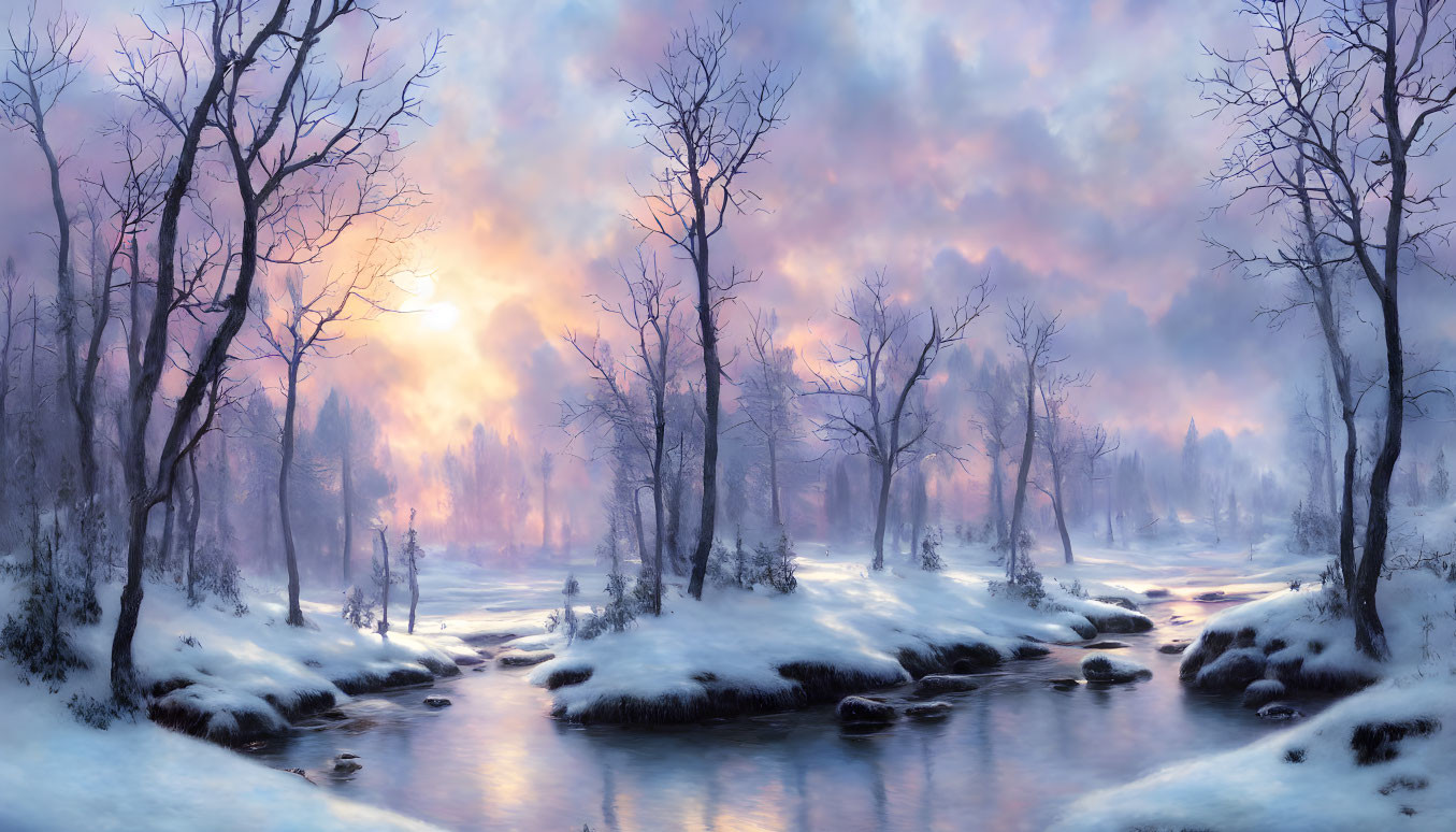 Winter river scene: snowy forest, meandering river, pastel sunset.