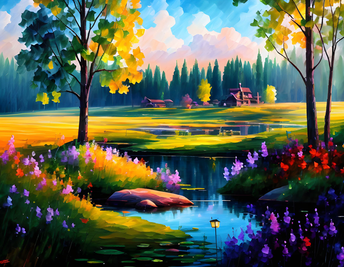 Colorful Landscape Painting with Pond, Flowers, Trees & Cottage