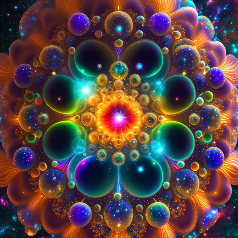 Colorful Symmetrical Fractal Image with Glowing Orbs and Cosmic Backgrounds