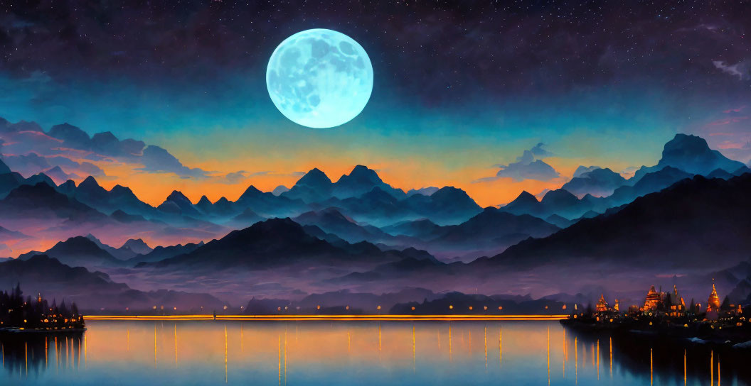 Full Moon Night Landscape: Mountain Range, Calm Lake, Starry Sky