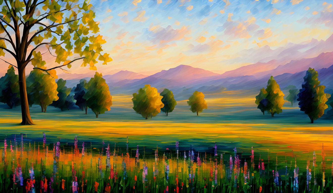 Colorful Landscape Painting: Serene Field with Wildflowers, Trees, and Mountains at Sunset