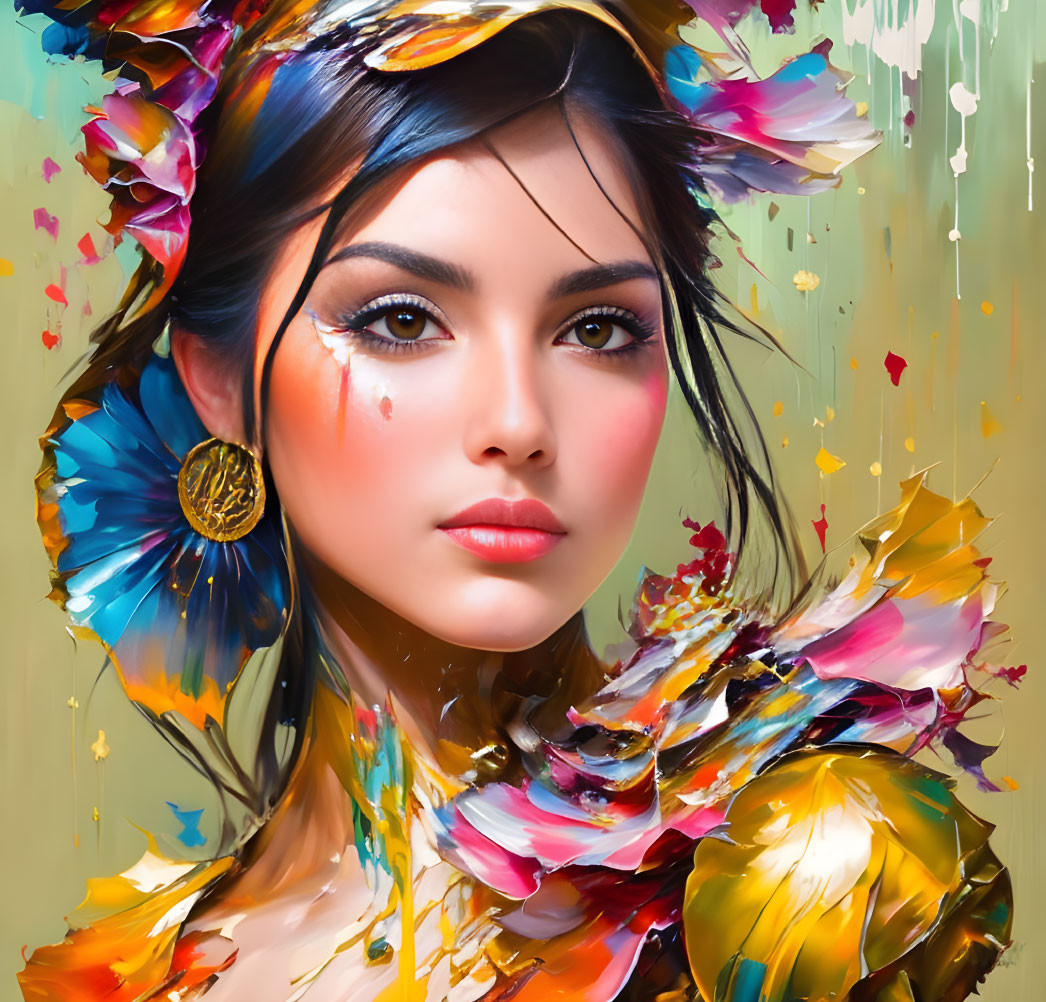 Colorful portrait of a woman with striking eyes and feather-like details