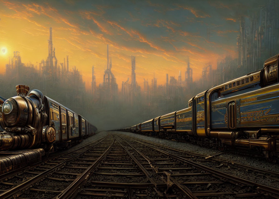 Vintage steam locomotive and modern train on parallel tracks with futuristic cityscape and hazy sunset.